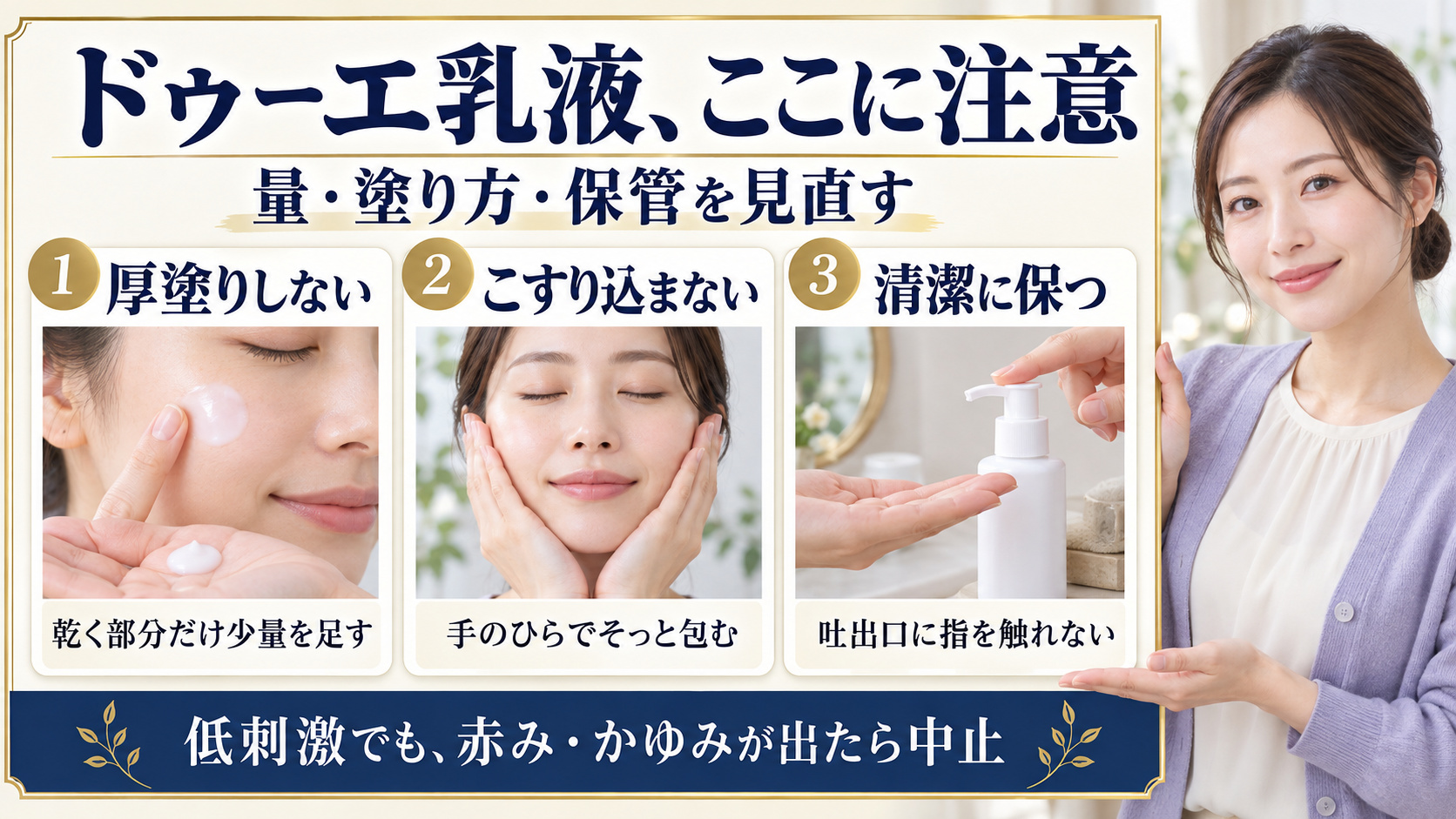 ドゥーエ乳液の注意点として厚塗りを避ける、手のひらで包む、吐出口に指を触れない方法を示す三つの写真カード