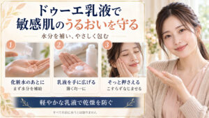 ドゥーエ乳液で敏感肌のうるおいを守る。化粧水で水分を補い、乳液を薄く広げ、こすらず手のひらでそっと押さえる。