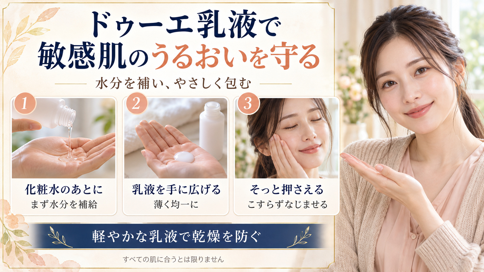 ドゥーエ乳液で敏感肌のうるおいを守る。化粧水で水分を補い、乳液を薄く広げ、こすらず手のひらでそっと押さえる。