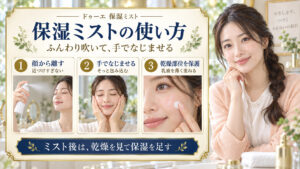 ドゥーエ保湿ミストを顔から離して吹き、手でなじませ、乾燥部位へ乳液を薄く重ねる3手順