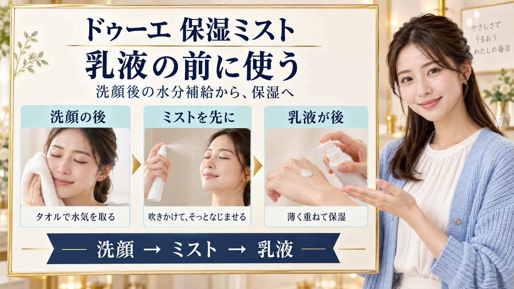 ドゥーエ保湿ミストを洗顔後、乳液の前に使う順番。水気をタオルで取り、ミストをなじませ、薄く乳液を重ねる三つの動作