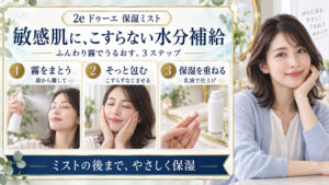 敏感肌にはドゥーエ保湿ミストを顔から離して吹きかけ、こすらずなじませ、乳液で仕上げる３ステップ
