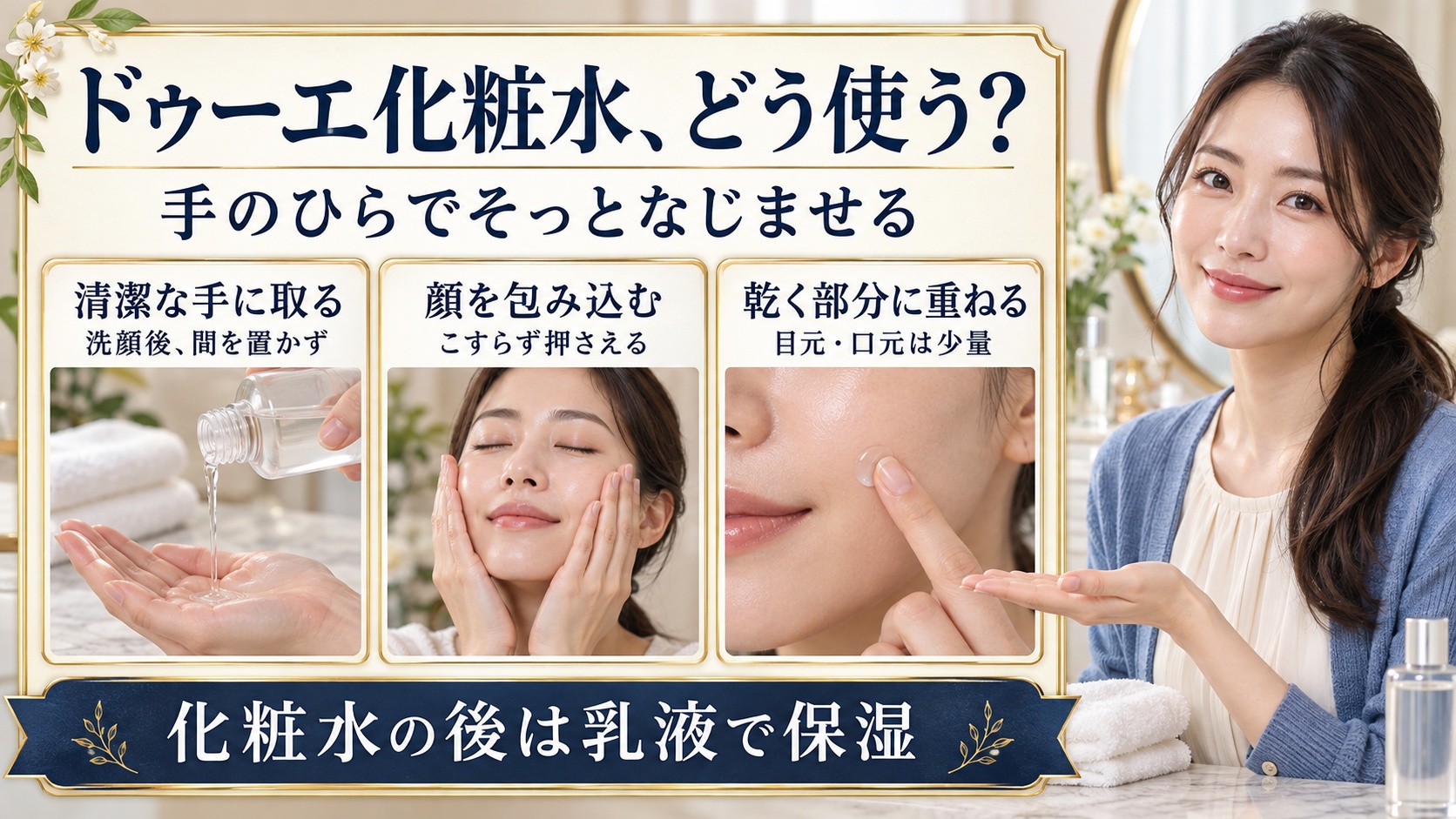 ドゥーエ化粧水は清潔な手に取り、手のひらで顔を包み込んでこすらず押さえる。目元や口元の乾く部分には少量を重ね、化粧水の後は乳液で保湿する。