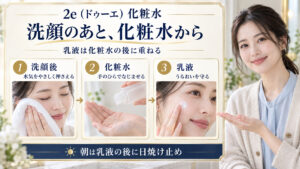 ドゥーエ化粧水を洗顔後に使い、乳液を重ね、朝は日焼け止めで仕上げるスキンケアの順番