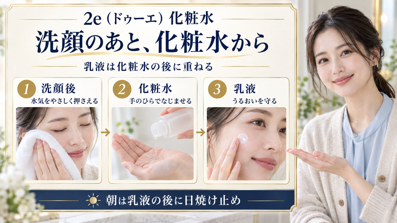 ドゥーエ化粧水を洗顔後に使い、乳液を重ね、朝は日焼け止めで仕上げるスキンケアの順番
