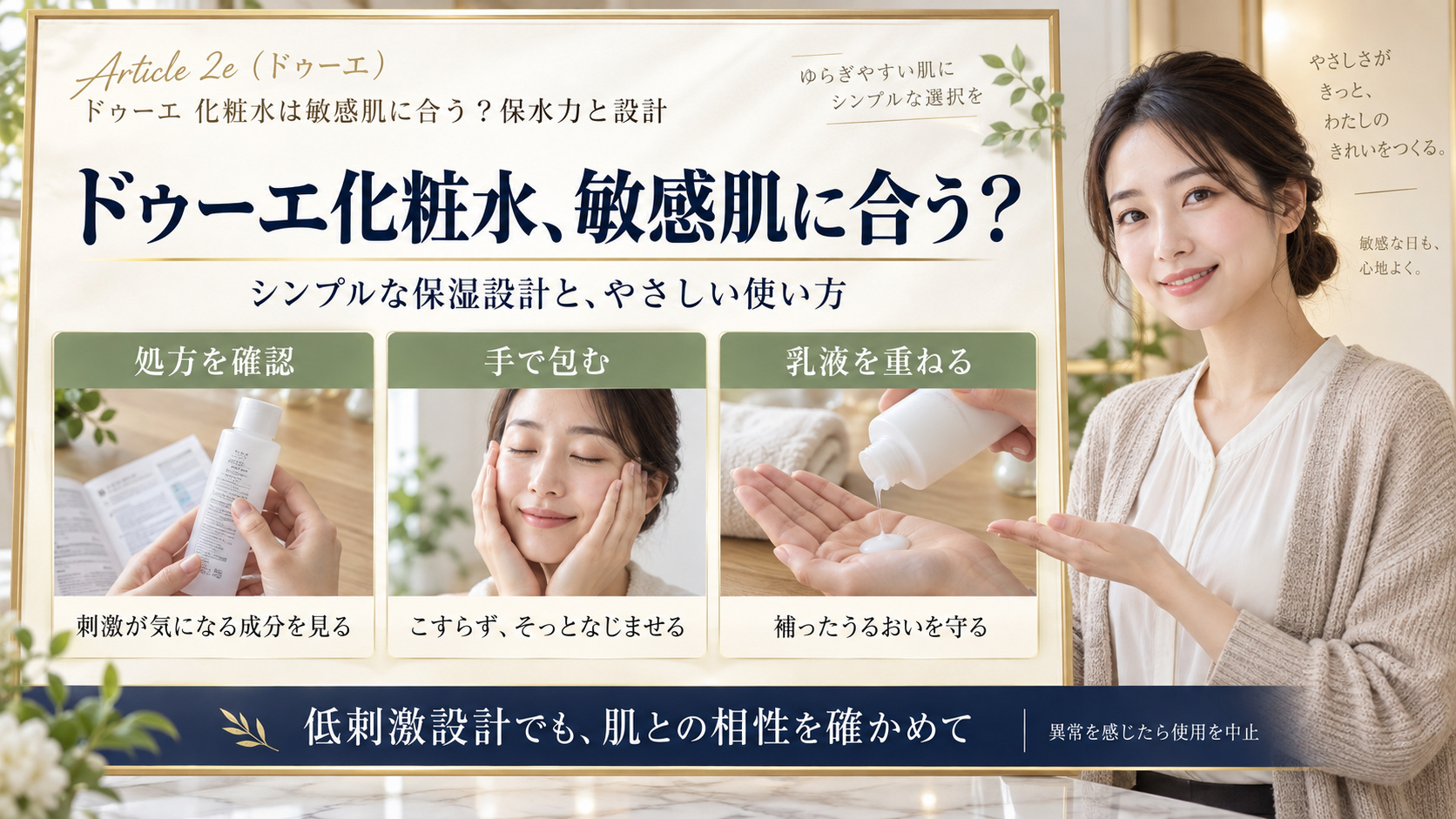 ドゥーエ化粧水を敏感肌で選ぶ際は処方を確認し、手でこすらずなじませ、乳液で保湿する3つの写真。低刺激設計でも肌との相性を確認。