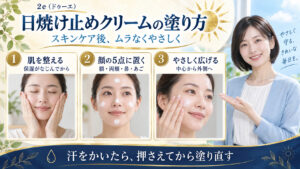 ドゥーエの日焼け止めクリームは保湿がなじんでから額、両頬、鼻、あごの5点に置き、中心から外側へやさしく広げる。汗をかいたら押さえて塗り直す。