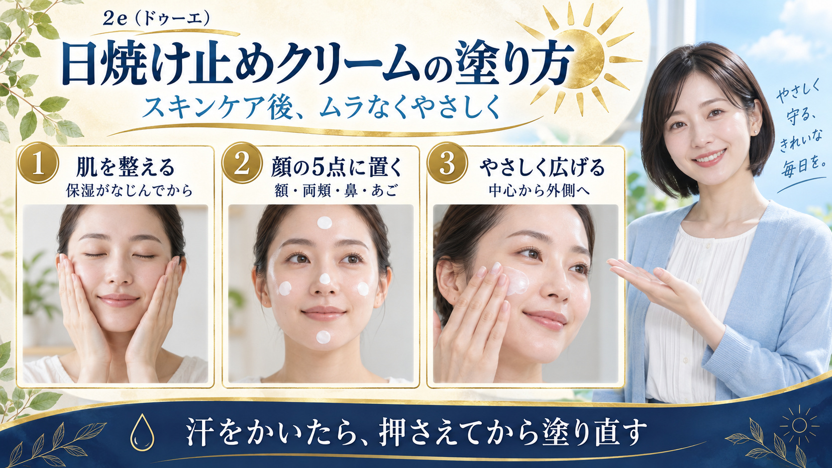 ドゥーエの日焼け止めクリームは保湿がなじんでから額、両頬、鼻、あごの5点に置き、中心から外側へやさしく広げる。汗をかいたら押さえて塗り直す。