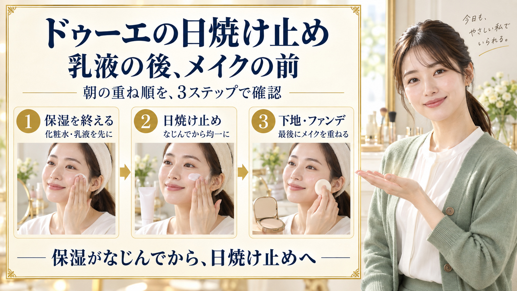 ドゥーエの日焼け止めは化粧水と乳液の後、下地やファンデーションの前に使う朝の3ステップ