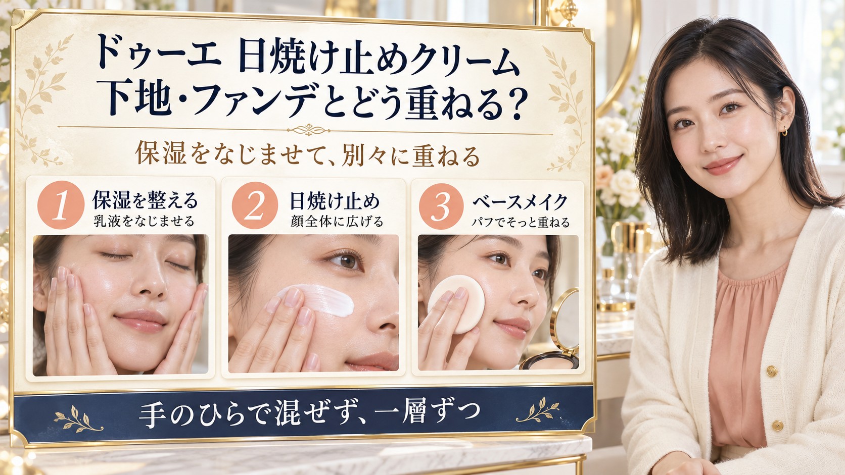 保湿をなじませ、日焼け止めを顔全体に広げ、ベースメイクをパフで重ねる手順と混ぜず一層ずつ使う注意点を示す写真付きボード