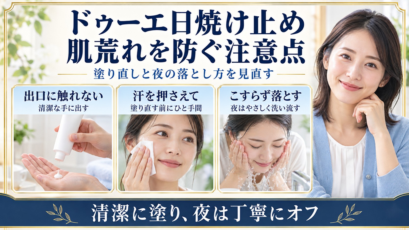 ドゥーエ日焼け止めは容器の出口に触れず清潔な手に出し、汗を押さえて塗り直し、夜はこすらず丁寧に落とす。