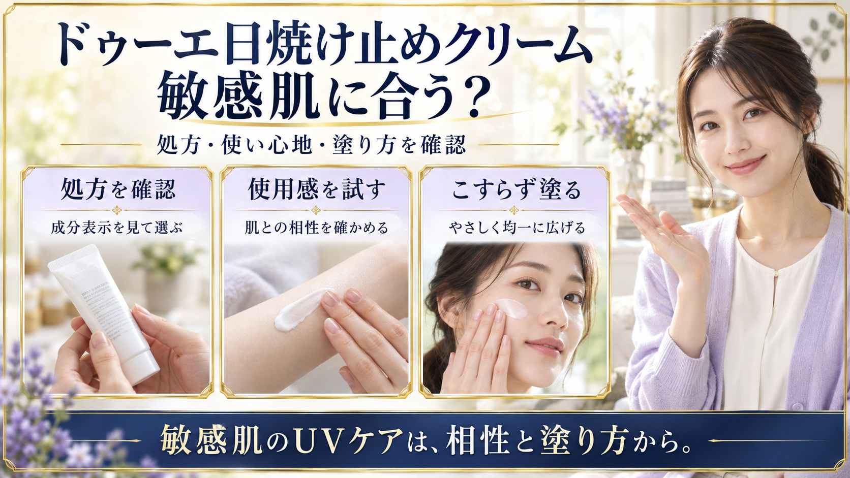 ドゥーエ日焼け止めクリームは敏感肌に合うか。成分表示で処方を確認し、使用感と肌との相性を試し、こすらず均一に広げる３つのポイント。