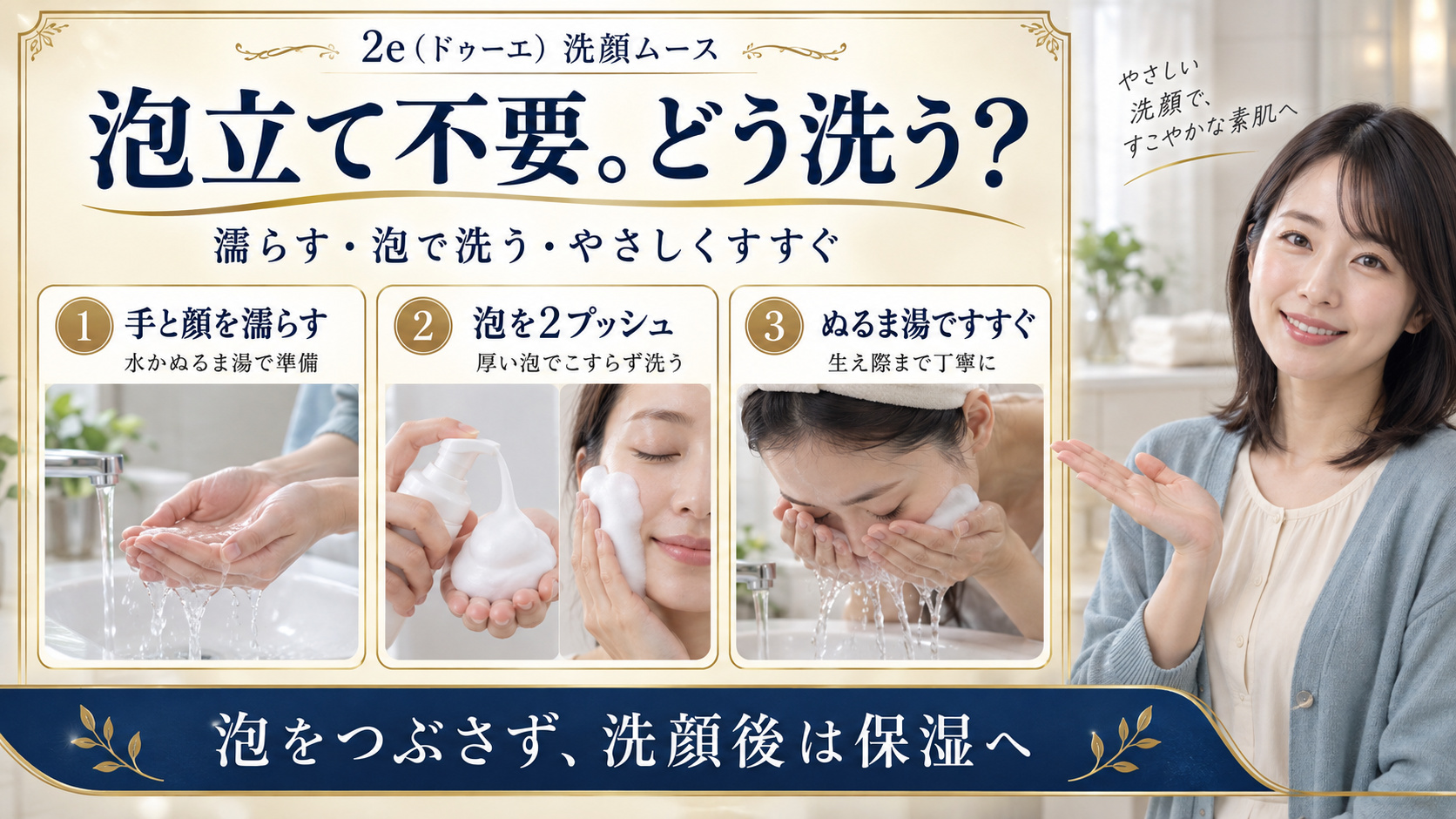 ドゥーエ洗顔ムースの使い方を手と顔を濡らす、泡を2プッシュ、ぬるま湯ですすぐの写真で示すアイキャッチ