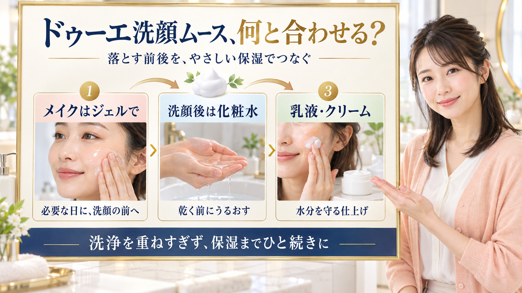 ドゥーエ洗顔ムースの前に必要に応じてメイクをジェルで落とし、洗顔後に化粧水と乳液やクリームで保湿する流れを示す写真ボード