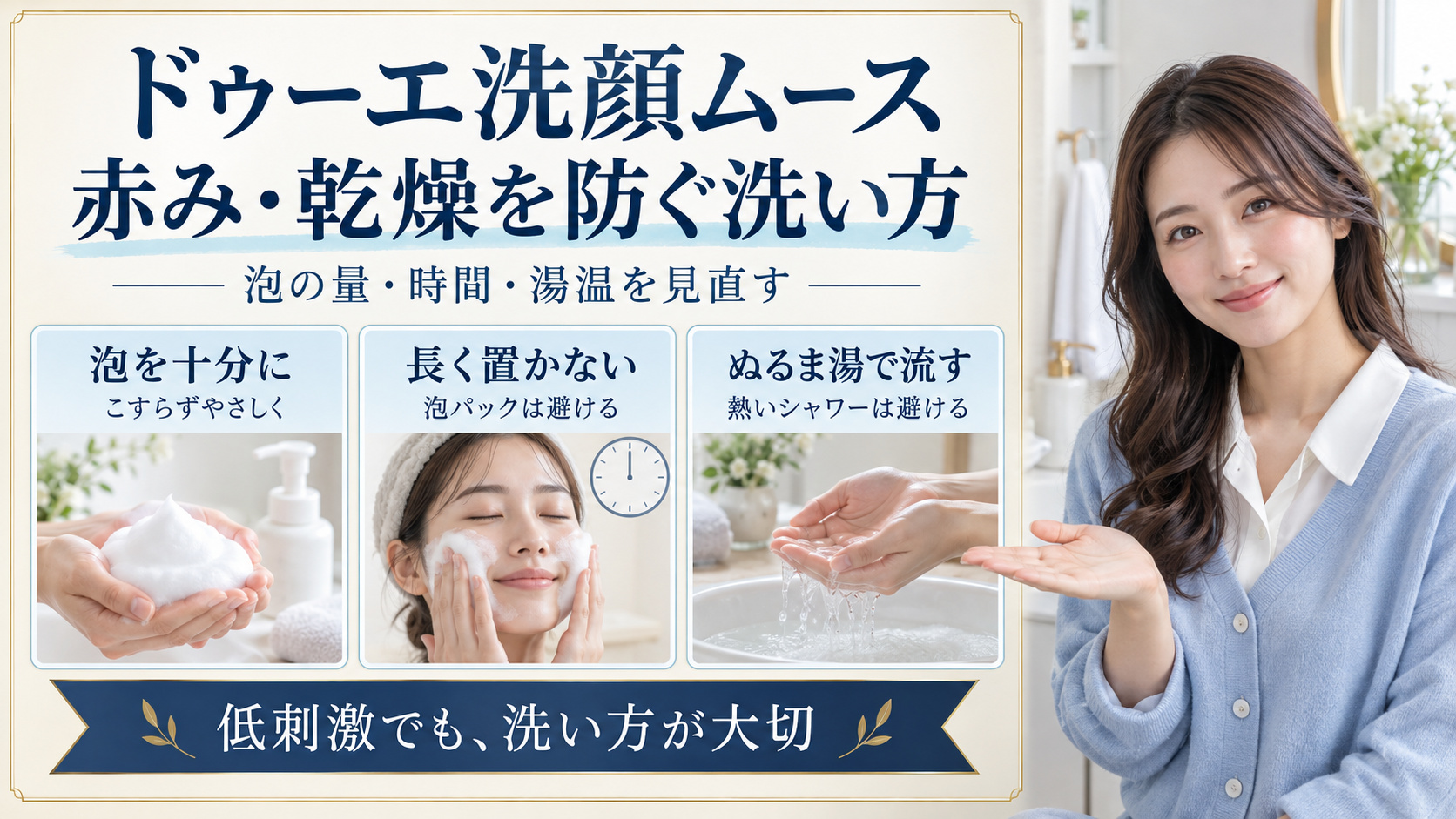 ドゥーエ洗顔ムースの注意点。泡を十分に使ってこすらず洗い、泡パックを避け、熱いシャワーではなくぬるま湯ですすぐ。