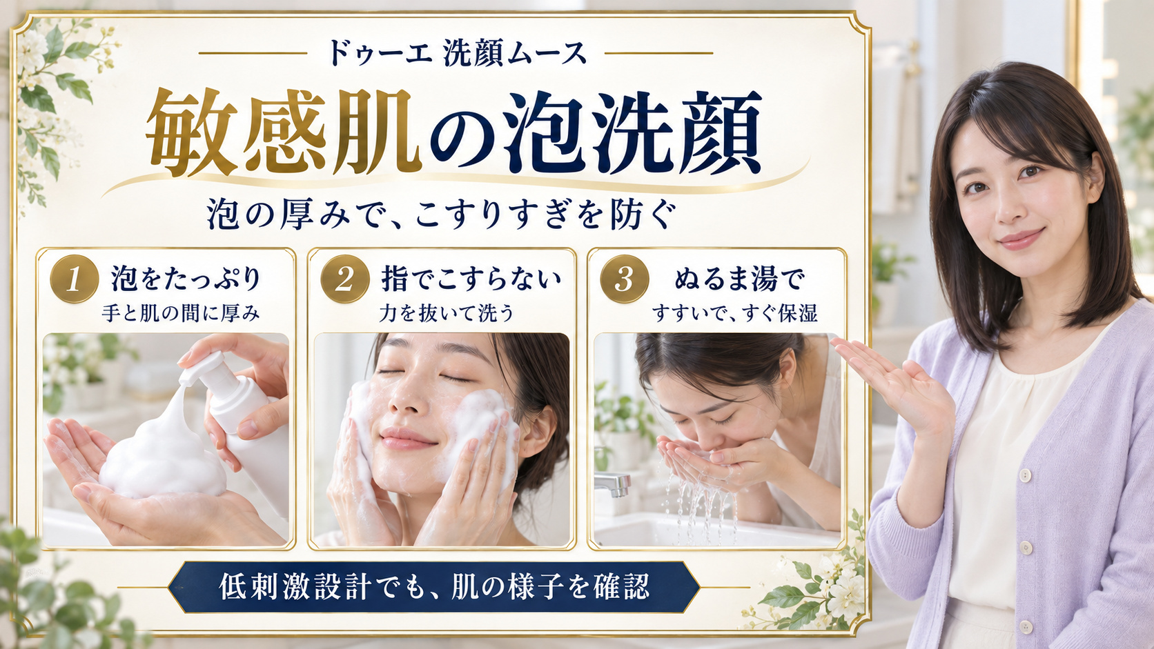 ドゥーエ洗顔ムースで泡をたっぷり取り、指でこすらず洗い、ぬるま湯ですすぐ敏感肌向けの手順