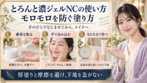 とろんと濃ジェルNCを清潔な手で適量取り、こすらず手で包み込み、なじんでから下地を塗る三つの手順