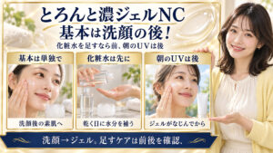 とろんと濃ジェルNCは基本的に洗顔後の素肌へ単独使用。化粧水を足すならジェルの前、朝の日焼け止めはジェルがなじんだ後に重ねる。