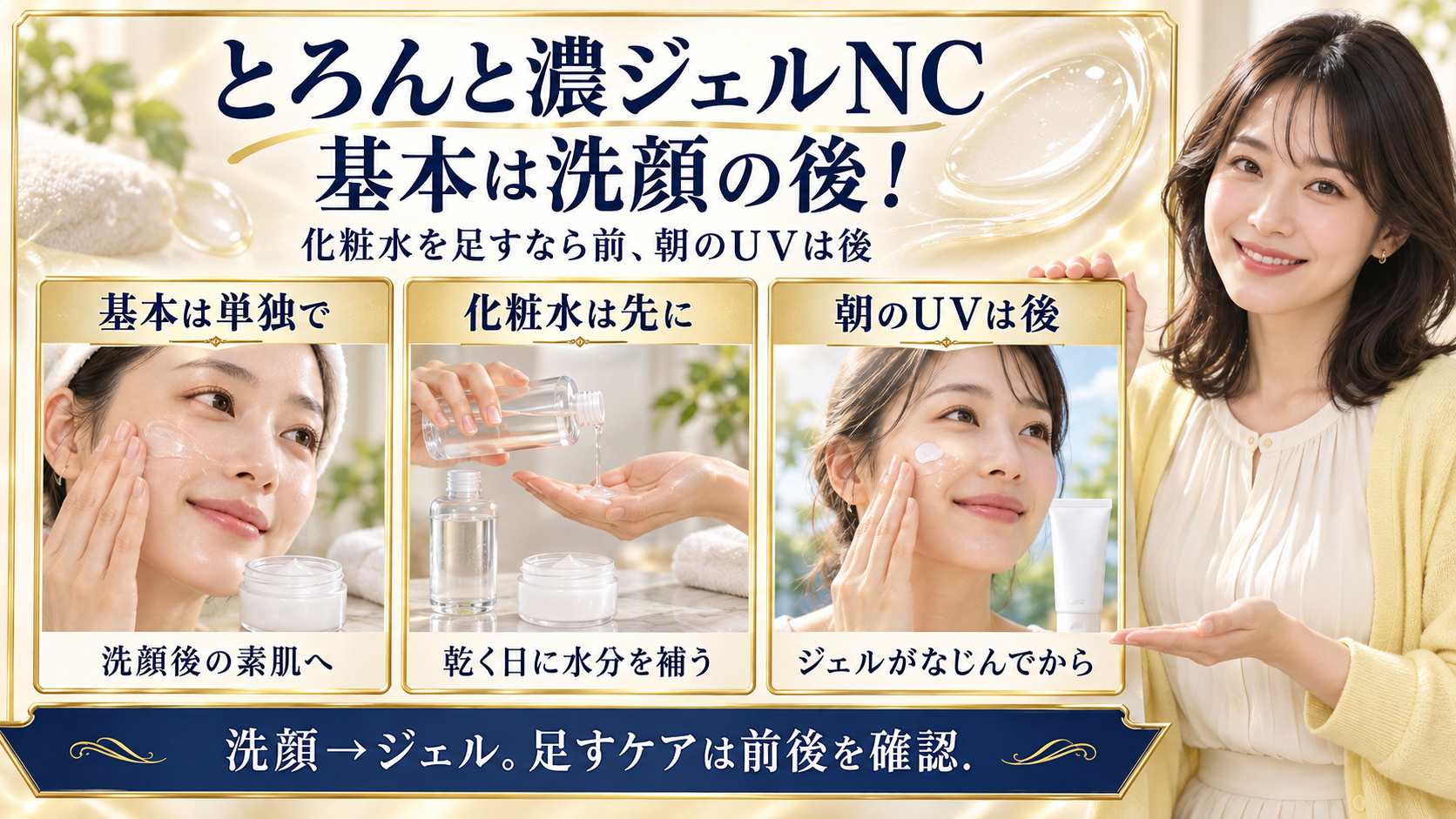 とろんと濃ジェルNCは基本的に洗顔後の素肌へ単独使用。化粧水を足すならジェルの前、朝の日焼け止めはジェルがなじんだ後に重ねる。