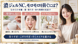 濃ジェルNCのモロモロを防ぐため、厚塗りしない、強くこすらない、メイクを急がない3つの注意を写真で説明。赤みやかゆみが出たら使用中止。