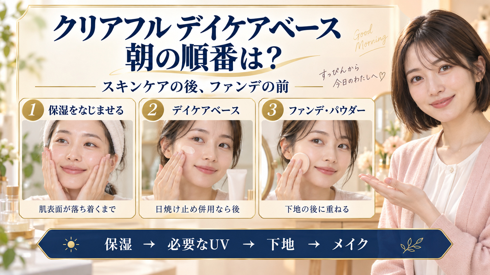 クリアフルデイケアベースは保湿をなじませた後、必要な日焼け止めの後に塗り、ファンデーションやパウダーを重ねる朝の順序