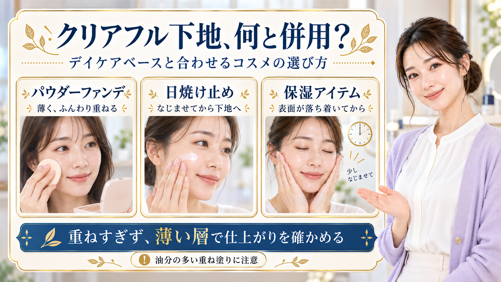 クリアフル デイケアベースとパウダーファンデ、日焼け止め、保湿アイテムの併用。なじませてから薄く重ね仕上がりを確認