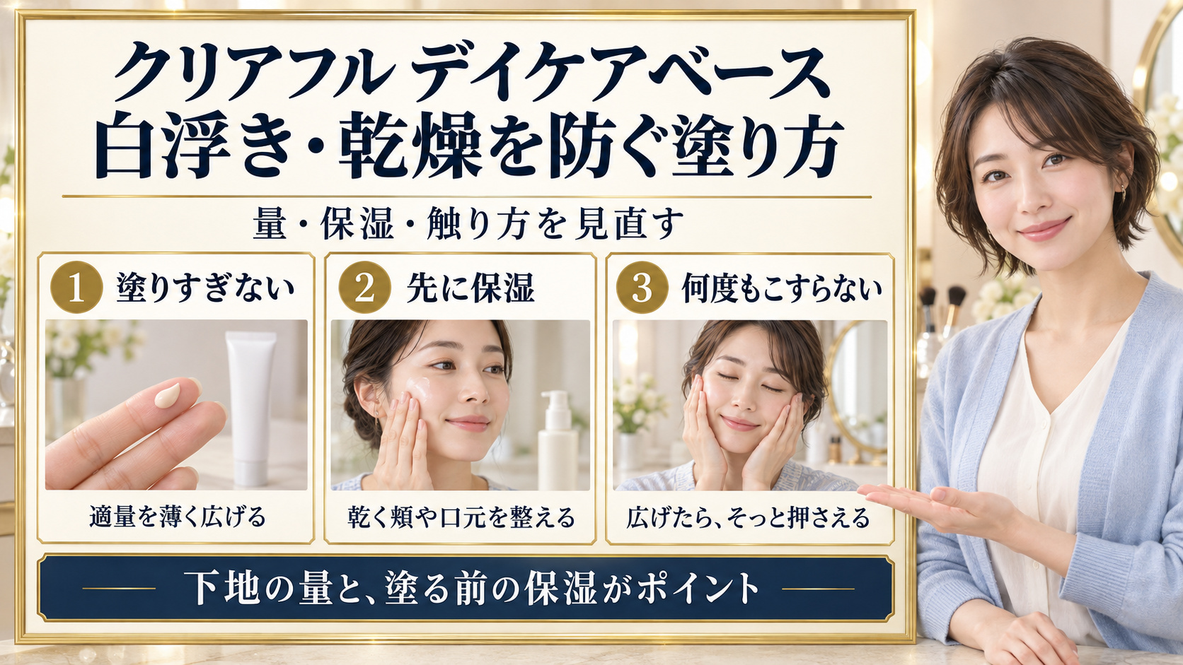 クリアフル デイケアベースの注意点を、塗りすぎない量、事前の保湿、何度もこすらない触り方の3つで解説
