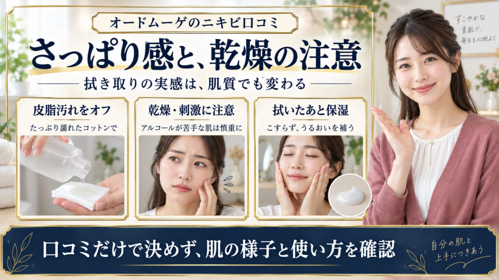 オードムーゲの口コミについて皮脂汚れの拭き取り、アルコールによる乾燥刺激への注意、使用後の保湿を写真で示すアイキャッチ