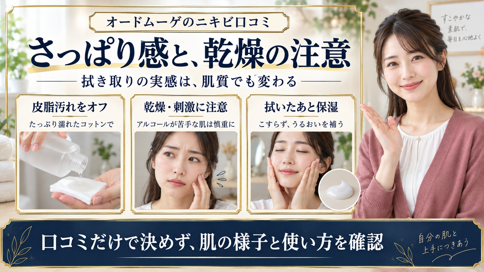 オードムーゲの口コミについて皮脂汚れの拭き取り、アルコールによる乾燥刺激への注意、使用後の保湿を写真で示すアイキャッチ