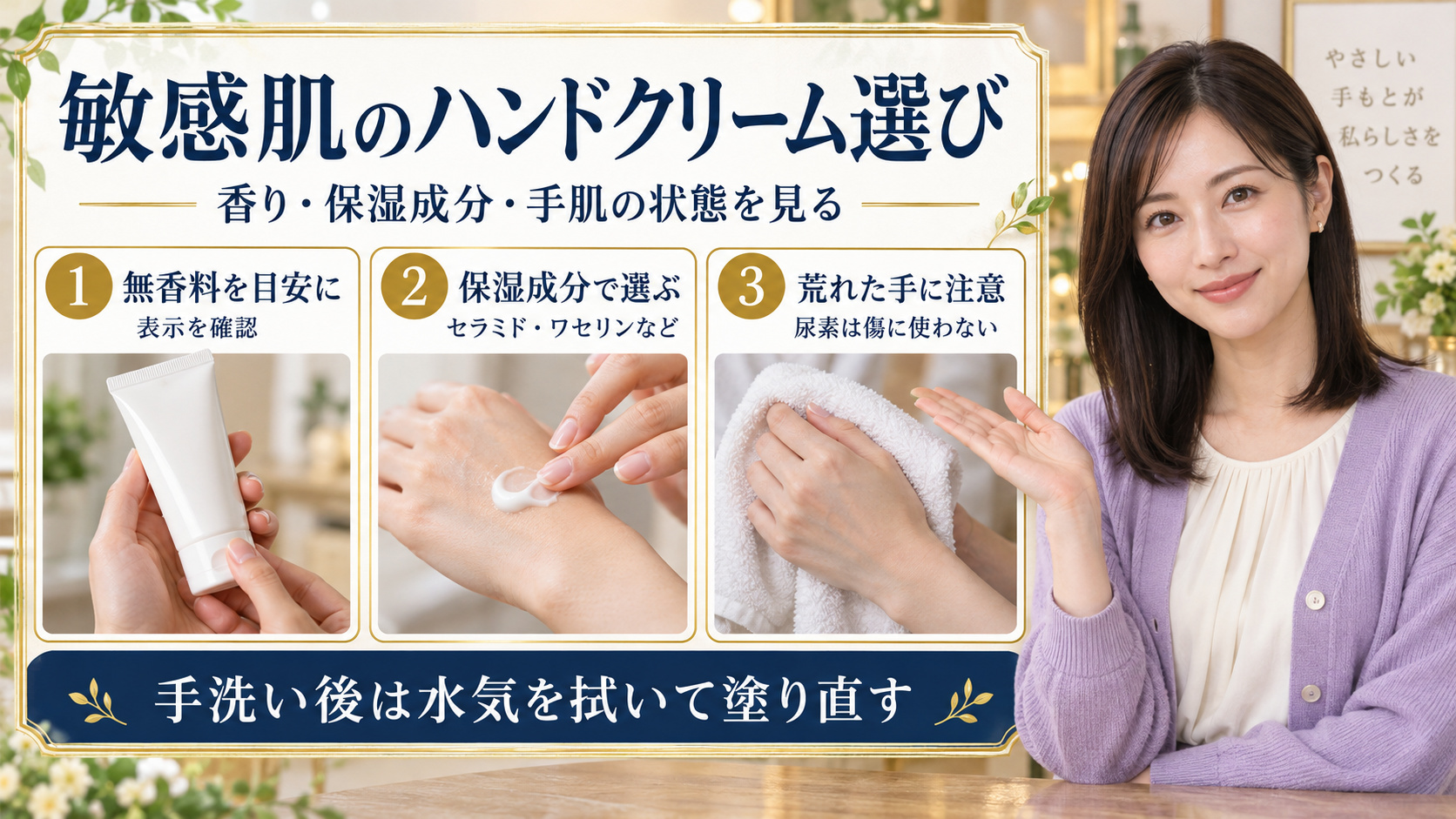 敏感肌のハンドクリームを無香料、保湿成分、手肌の状態で選び、手洗い後に水気を拭いて塗り直すポイント