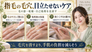 指毛の毛穴の目立ちを抑えるケア。電気シェーバーでやさしく整え、処理後は指の関節まで保湿し、毛抜きやスクラブによる負担を避ける。