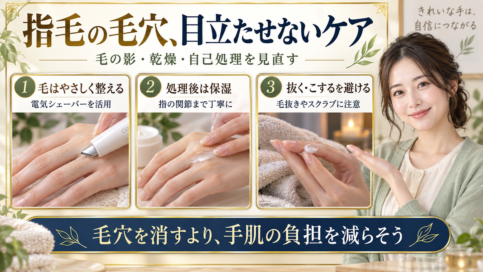 指毛の毛穴の目立ちを抑えるケア。電気シェーバーでやさしく整え、処理後は指の関節まで保湿し、毛抜きやスクラブによる負担を避ける。