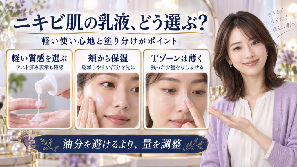 ニキビ肌の乳液選び。軽い質感とテスト済み表示を確認し、乾燥しやすい頬から保湿し、Tゾーンは残った少量を薄くなじませる。