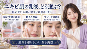 ニキビ肌の乳液選び。軽い質感とテスト済み表示を確認し、乾燥しやすい頬から保湿し、Tゾーンは残った少量を薄くなじませる。