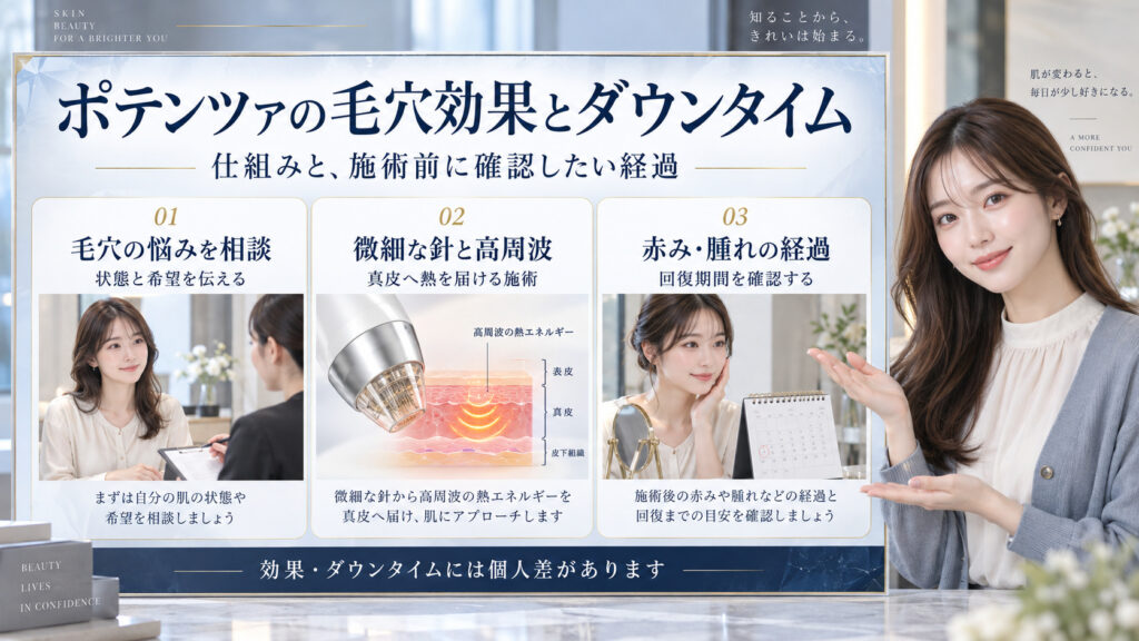 ポテンツァの毛穴効果とダウンタイムについて、施術前の相談、微細な針と高周波の仕組み、赤みや腫れの経過を示すアイキャッチ。