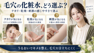 毛穴の化粧水選びはテカリならビタミンC誘導体、乾燥なら保湿成分、刺激が気になる場合は少量から相性を確認する。
