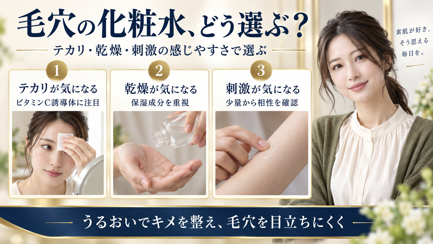 毛穴の化粧水選びはテカリならビタミンC誘導体、乾燥なら保湿成分、刺激が気になる場合は少量から相性を確認する。