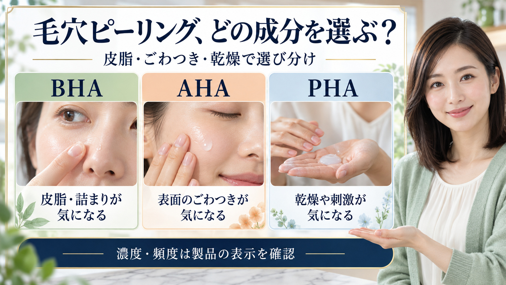 毛穴ピーリングの成分を皮脂詰まりのBHA、表面のごわつきのAHA、乾燥や刺激が気になる場合のPHAで比較する