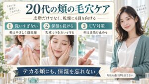 20代の頬の毛穴ケアとして洗いすぎを避け、乳液で保湿し、朝の日焼け止めを使う3つの習慣を示す写真付きボード
