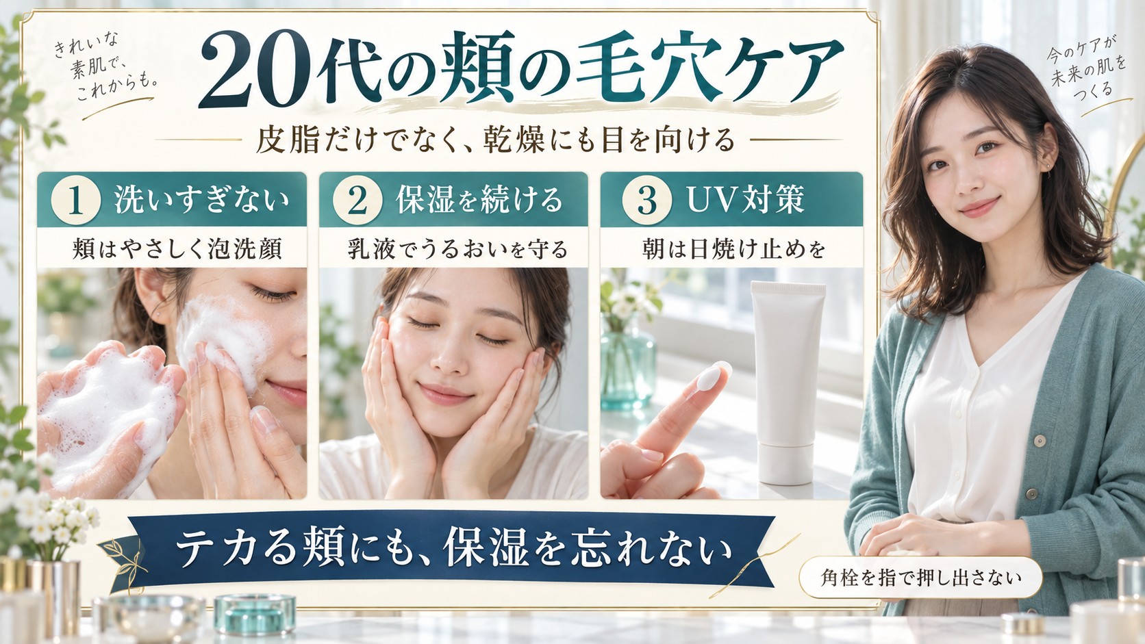 20代の頬の毛穴ケアとして洗いすぎを避け、乳液で保湿し、朝の日焼け止めを使う3つの習慣を示す写真付きボード