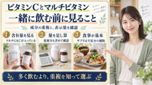 ビタミンCとマルチビタミンを一緒に飲む前に含有量、追加分を含めた合計量、食事を基本にすることを確認する三つのポイント