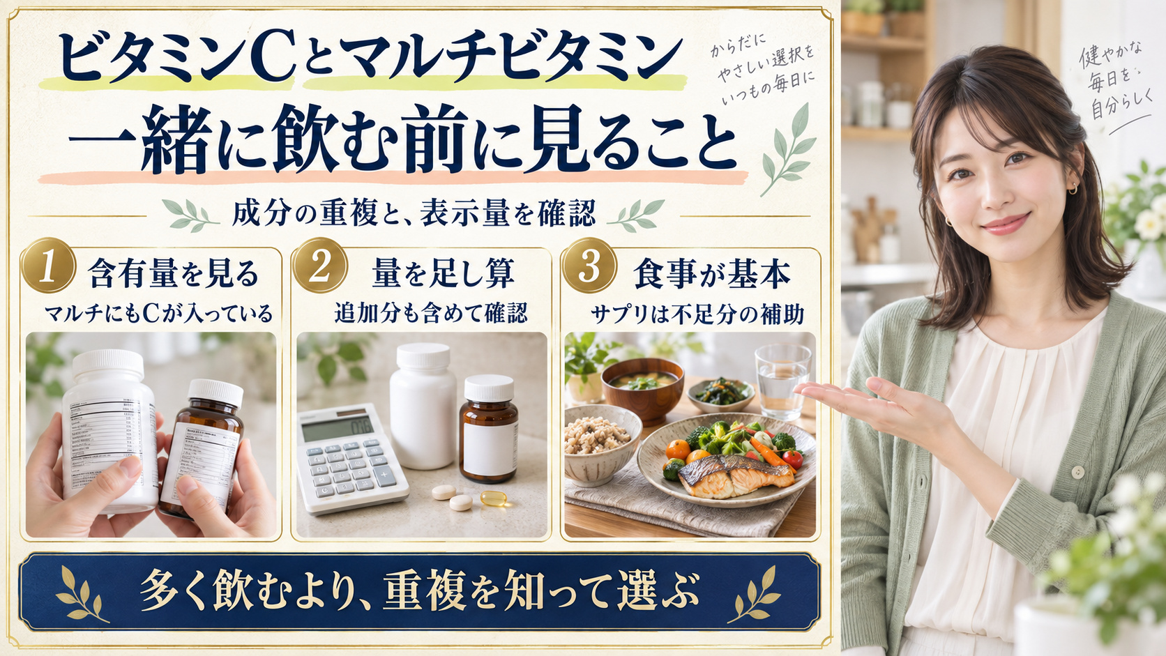 ビタミンCとマルチビタミンを一緒に飲む前に含有量、追加分を含めた合計量、食事を基本にすることを確認する三つのポイント