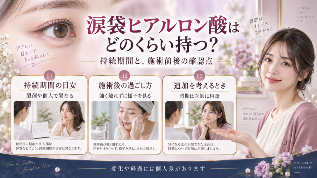 涙袋ヒアルロン酸の持続期間は製剤や個人で異なること、施術後の過ごし方と追加相談を示すアイキャッチ。