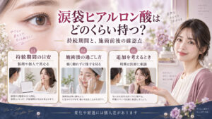 涙袋ヒアルロン酸の持続期間は製剤や個人で異なること、施術後の過ごし方と追加相談を示すアイキャッチ。