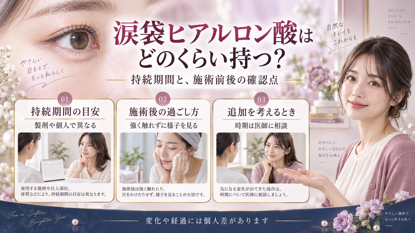 涙袋ヒアルロン酸の持続期間は製剤や個人で異なること、施術後の過ごし方と追加相談を示すアイキャッチ。