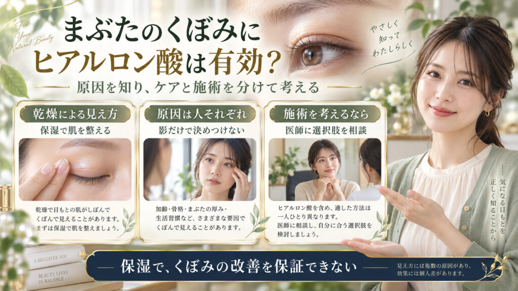 まぶたのくぼみに関して、乾燥による見え方と複数の原因を分け、施術は医師へ相談する考え方を示すアイキャッチ。