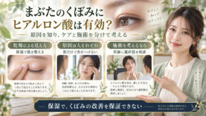 まぶたのくぼみに関して、乾燥による見え方と複数の原因を分け、施術は医師へ相談する考え方を示すアイキャッチ。