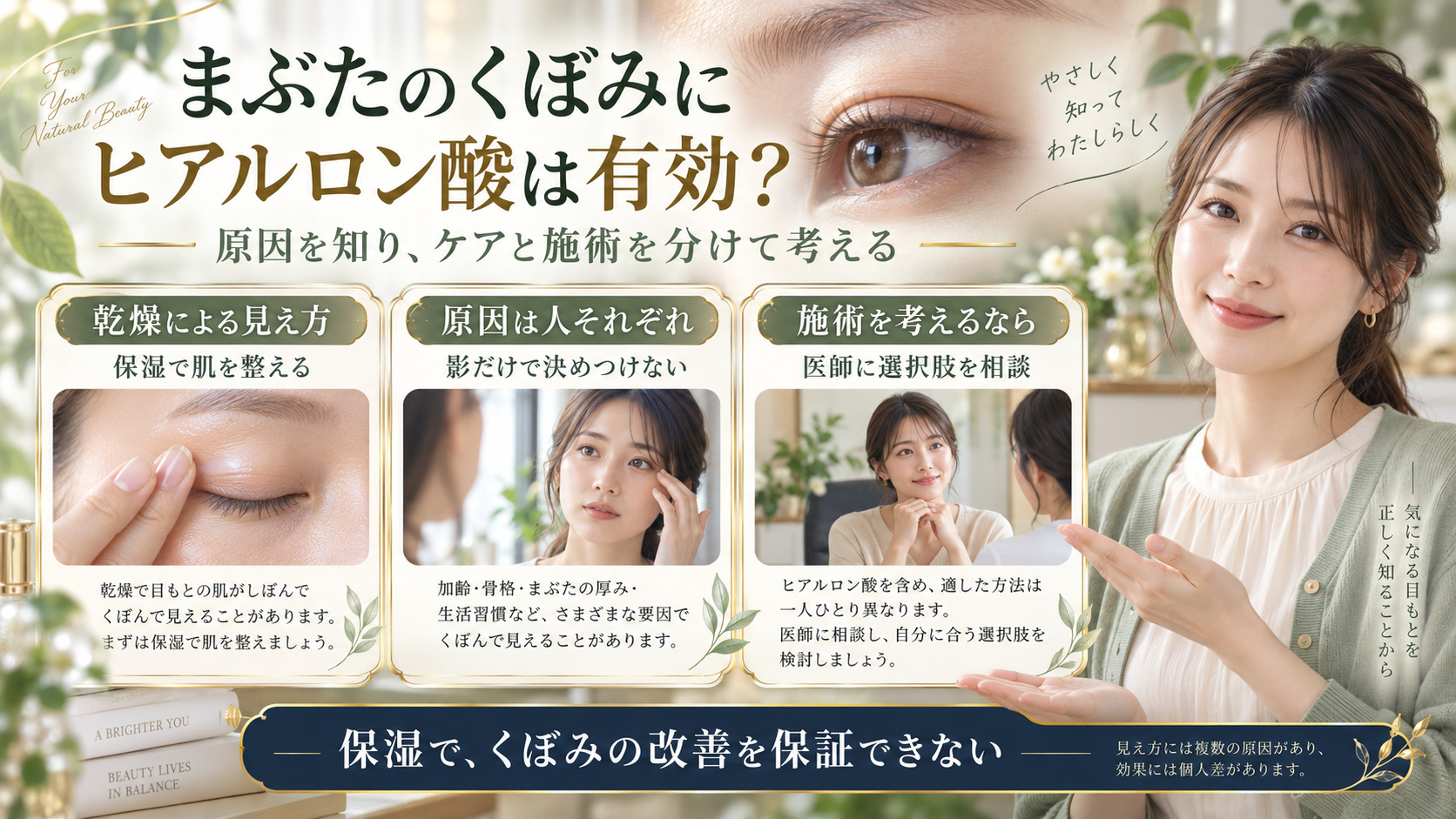 まぶたのくぼみに関して、乾燥による見え方と複数の原因を分け、施術は医師へ相談する考え方を示すアイキャッチ。