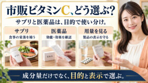 市販ビタミンCの選び方。サプリは食事の栄養補助、医薬品は効能と効果を確認し、用量は製品の表示を守る。成分量だけでなく目的と表示で選ぶ。