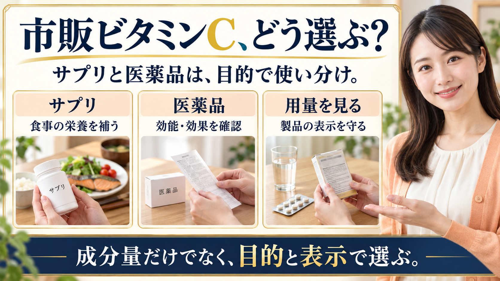 市販ビタミンCの選び方。サプリは食事の栄養補助、医薬品は効能と効果を確認し、用量は製品の表示を守る。成分量だけでなく目的と表示で選ぶ。